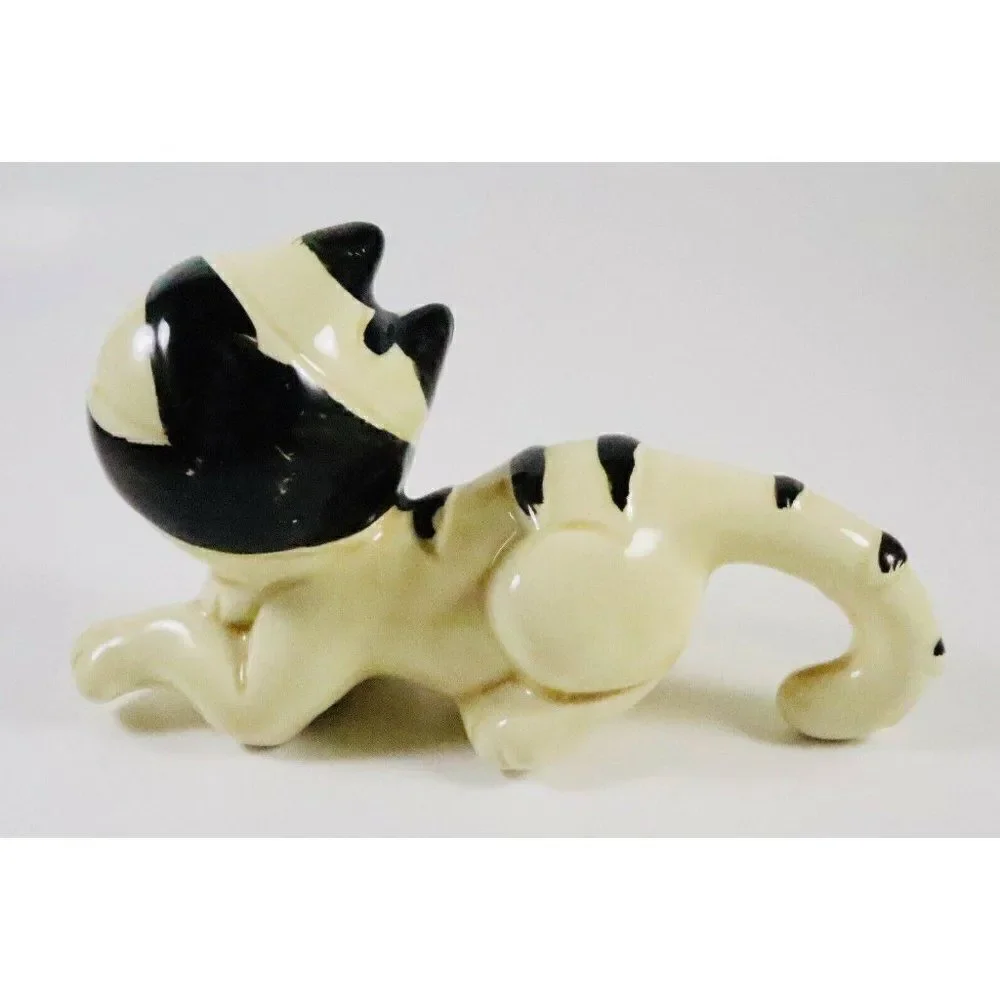 Vintage Ceramic Striped Funny Face Cat Figurine Silly Kitty Chubby Cheeks Kawaii
